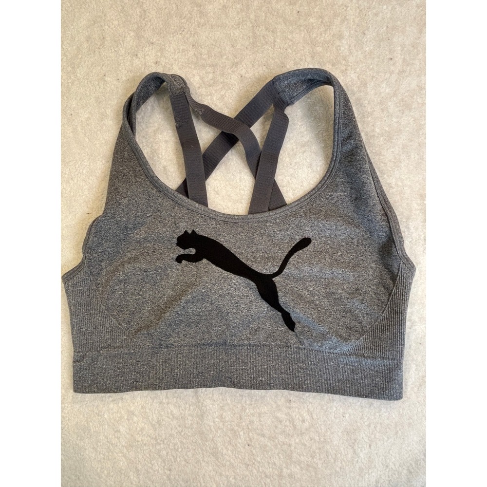 Puma Womens Seamless Strappy Back‎ Sports Bra Gray Heather Black Cat Logo